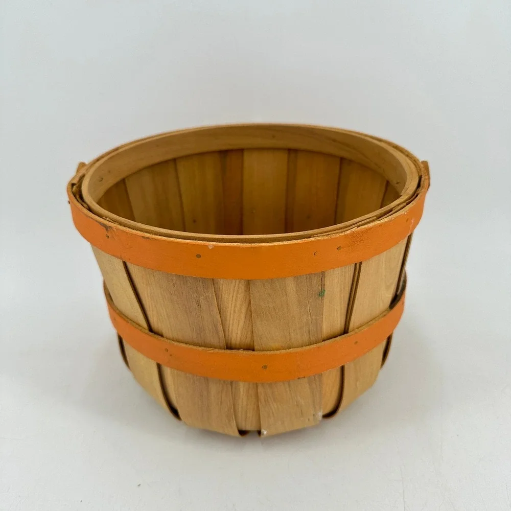 Vintage Wooden Bushel Basket with Orange Bands and Swing Handle Rustic Decor